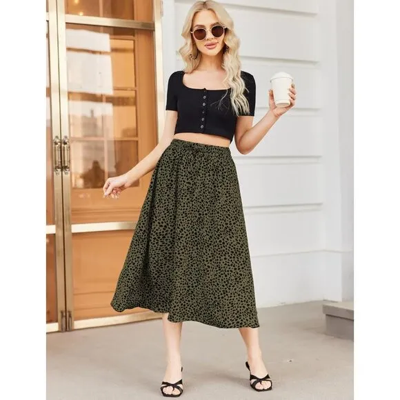 Women Floral Print Midi Skirts Chiffon Summer Beach Pleated  A Line Skirts