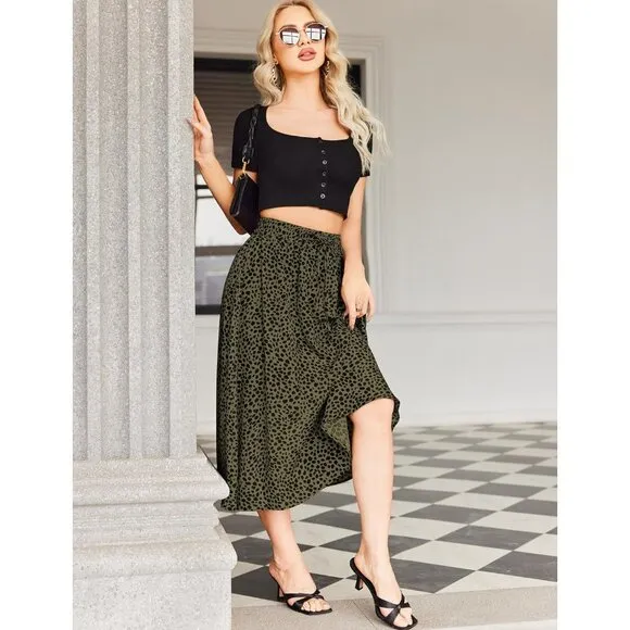 Women Floral Print Midi Skirts Chiffon Summer Beach Pleated  A Line Skirts