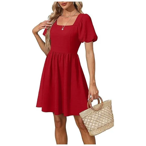 Women Puff Sleeve Square Neck Tie in Back Dresses with Zipper Red