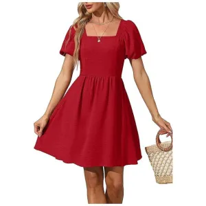 Women Puff Sleeve Square Neck Tie in Back Dresses with Zipper Red