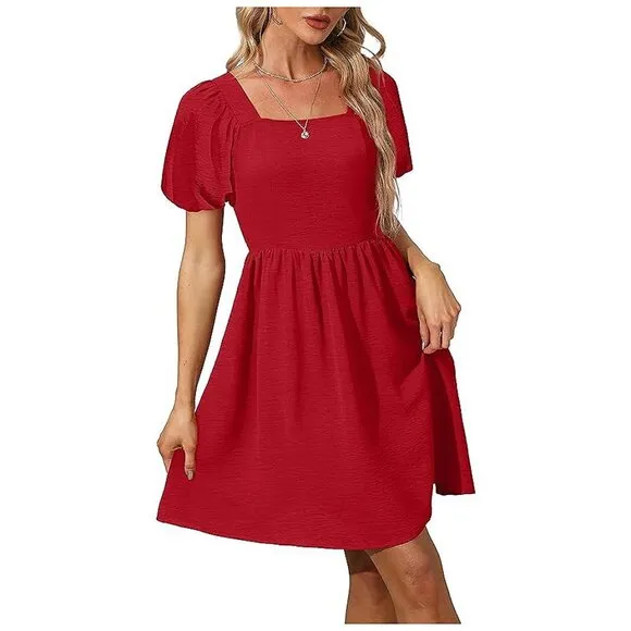 Women Puff Sleeve Square Neck Tie in Back Dresses with Zipper Red