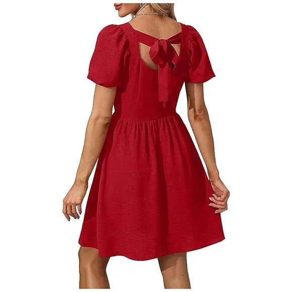 Women Puff Sleeve Square Neck Tie in Back Dresses with Zipper Red