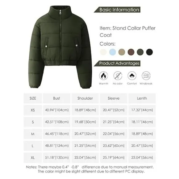 Women' s Cropped Quilted Puffer Jacket Coat