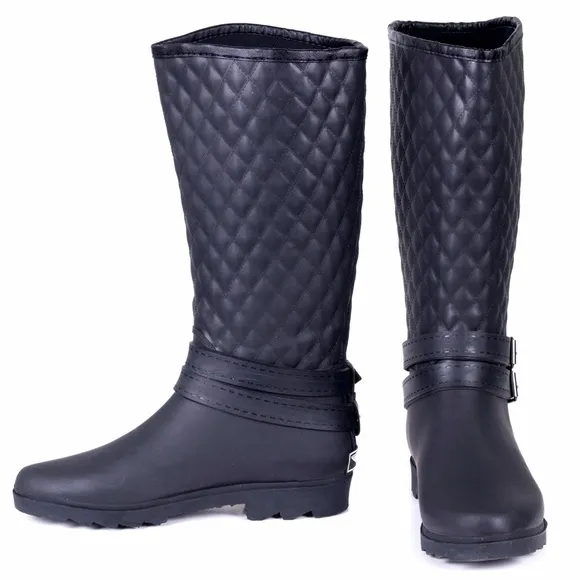 Women Tall Matte Rain Boots, RB-1904, Quilted Black