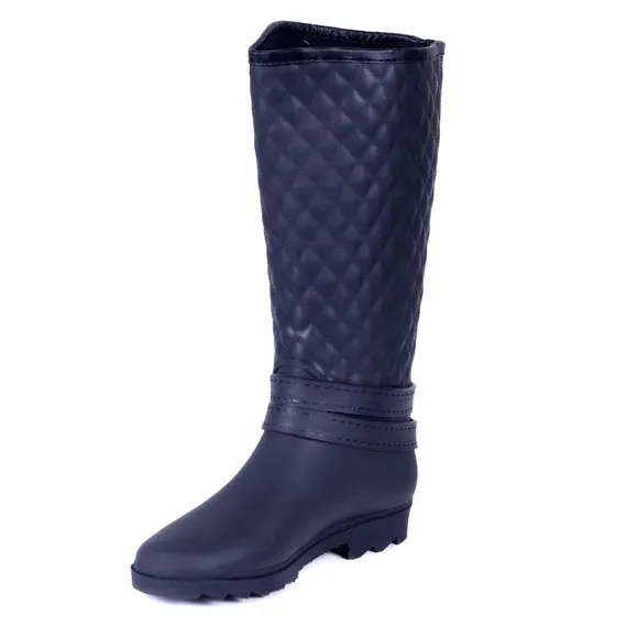 Women Tall Matte Rain Boots, RB-1904, Quilted Black