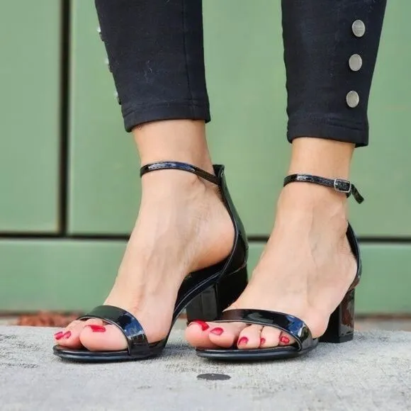 Women Ankle Straps Low Chunky Heels Sandals Black Color