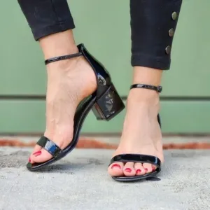 Women Ankle Straps Low Chunky Heels Sandals Black Color