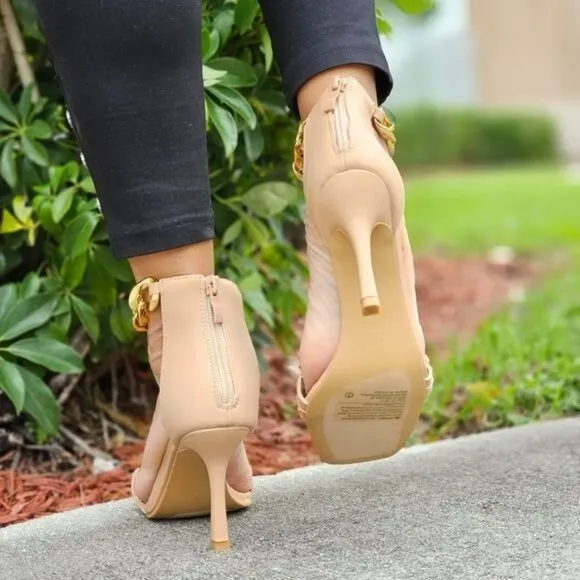 Womens Ankle Strap Heels Chains Stiletto Sandals Nude Color‎