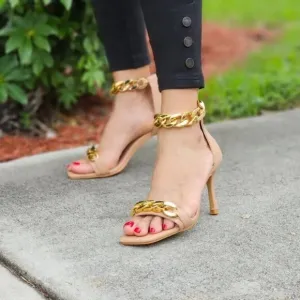 Womens Ankle Strap Heels Chains Stiletto Sandals Nude Color‎