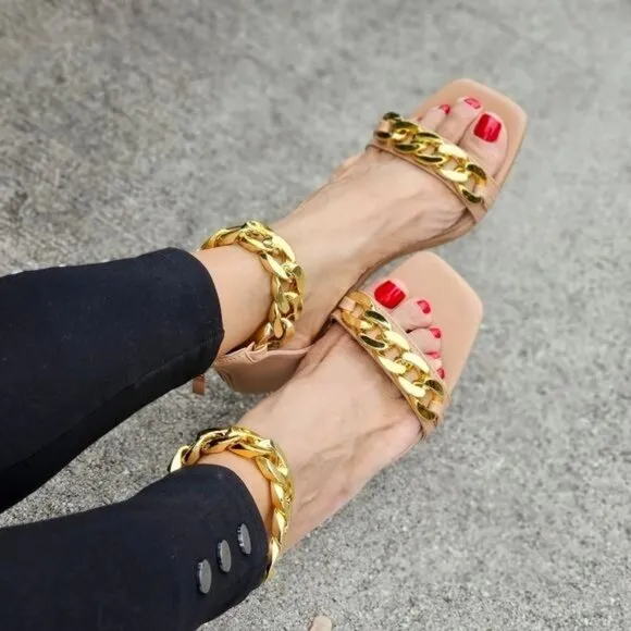 Womens Ankle Strap Heels Chains Stiletto Sandals Nude Color‎