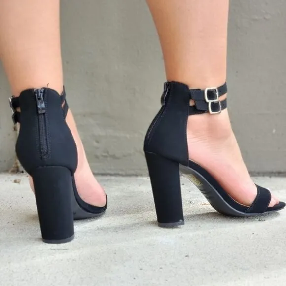 Women's Black Chunky Heeled Double Ankle Strap Sandals