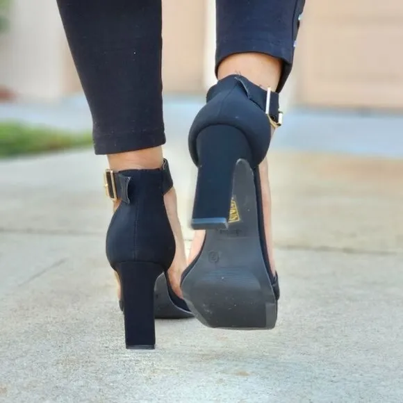 Women's Black Nubuck Ankle Strap Block Heel Dress Sandals