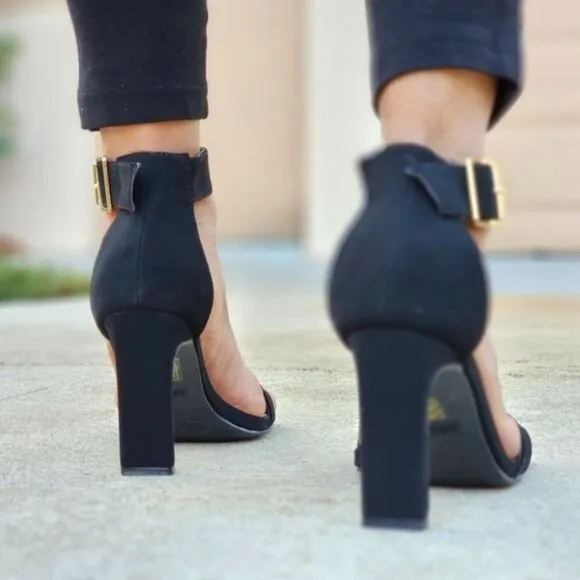Women's Black Nubuck Ankle Strap Block Heel Dress Sandals