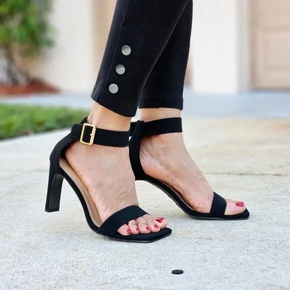 Women's Black Nubuck Ankle Strap Block Heel Dress Sandals