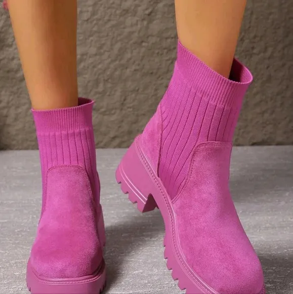 Women's Candy Color Elastic Pull-On Chunky Sole Comfortable Skinny Boots