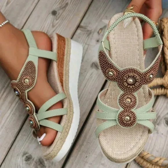 Women's Casual Roman Style Beaded Straw Rope Sandals With Wedge Heels