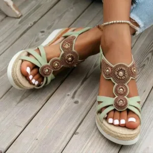 Women's Casual Roman Style Beaded Straw Rope Sandals With Wedge Heels