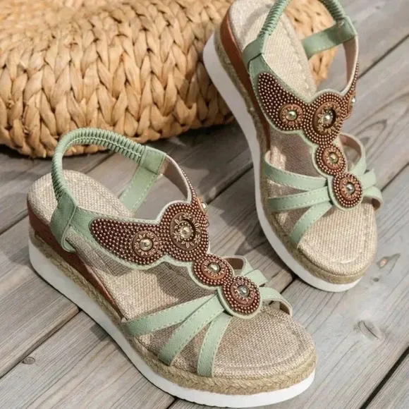 Women's Casual Roman Style Beaded Straw Rope Sandals With Wedge Heels