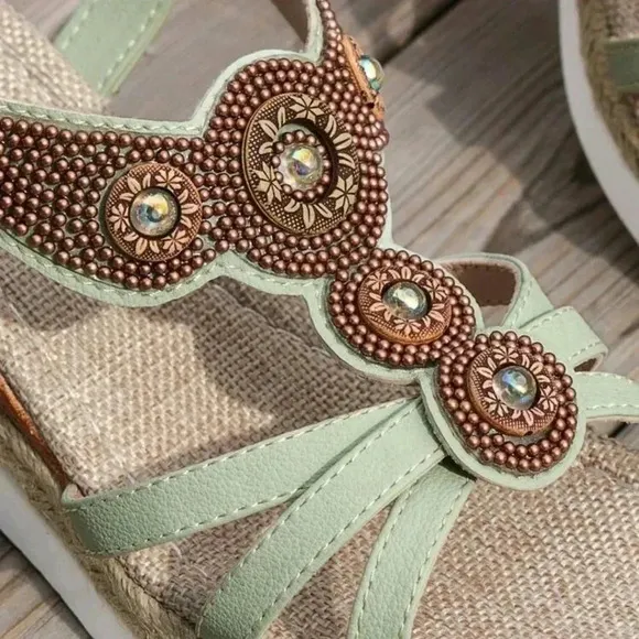 Women's Casual Roman Style Beaded Straw Rope Sandals With Wedge Heels