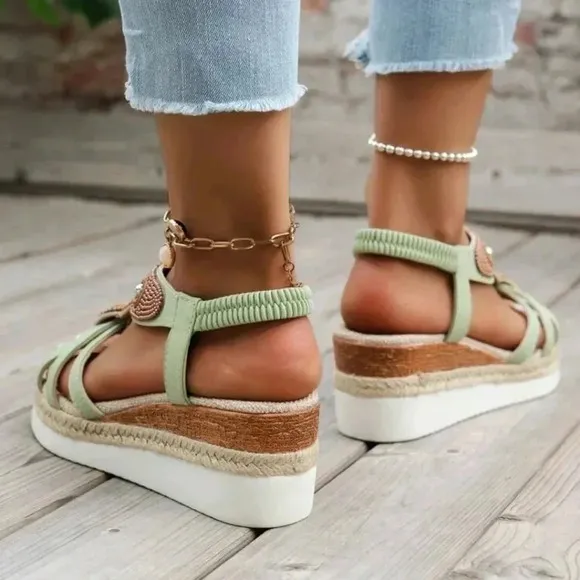 Women's Casual Roman Style Beaded Straw Rope Sandals With Wedge Heels