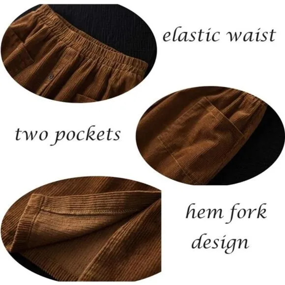 Women's Corduroy Midi Skirt Front Split Buttons Decoration A-Line Dress, Brown