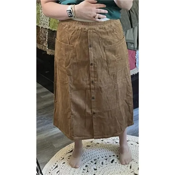 Women's Corduroy Midi Skirt Front Split Buttons Decoration A-Line Dress, Brown