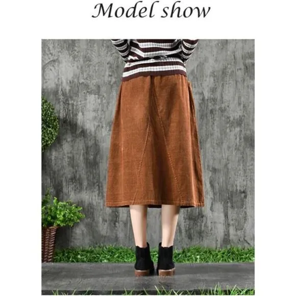 Women's Corduroy Midi Skirt Front Split Buttons Decoration A-Line Dress, Brown