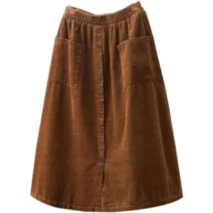 Women's Corduroy Midi Skirt Front Split Buttons Decoration A-Line Dress, Brown