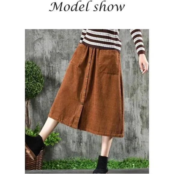 Women's Corduroy Midi Skirt Front Split Buttons Decoration A-Line Dress, Brown