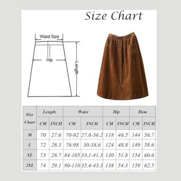 Women's Corduroy Midi Skirt Front Split Buttons Decoration A-Line Dress, Brown