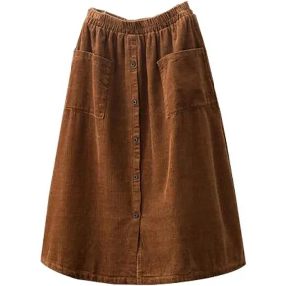 Women's Corduroy Midi Skirt Front Split Buttons Decoration A-Line Dress, Brown