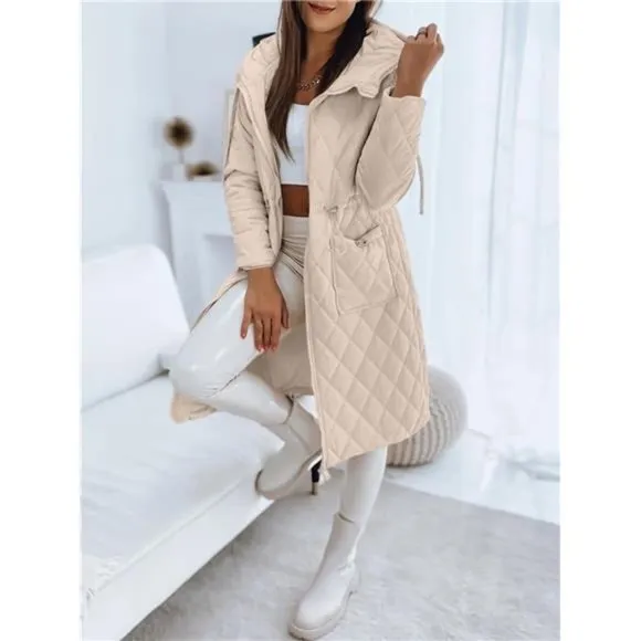 Womens Long Quilted Jackets Zip Up Hooded Drawstring Waist Coats with Pockets