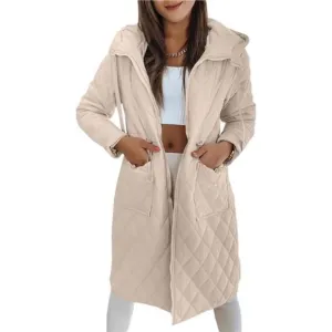 Womens Long Quilted Jackets Zip Up Hooded Drawstring Waist Coats with Pockets