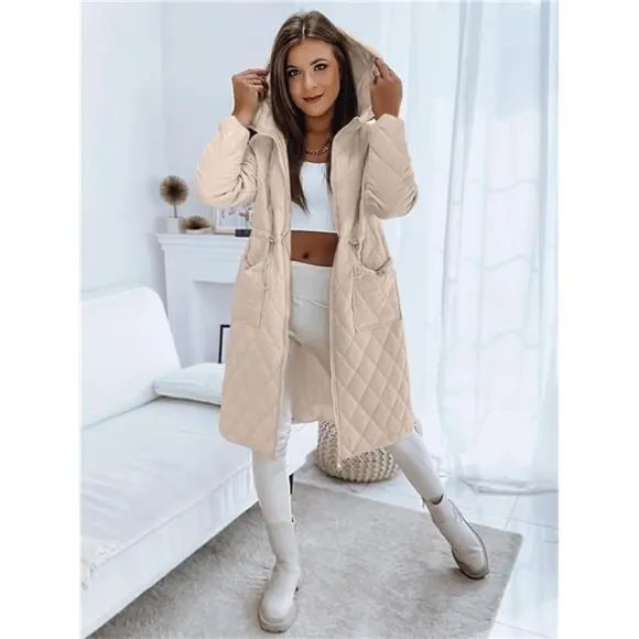 Womens Long Quilted Jackets Zip Up Hooded Drawstring Waist Coats with Pockets