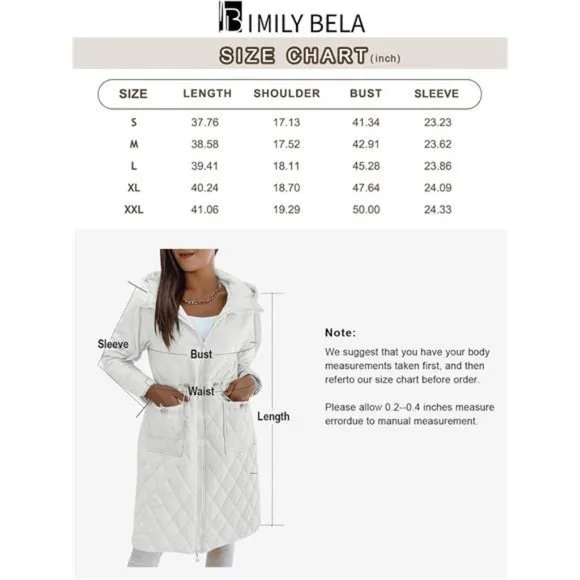 Womens Long Quilted Jackets Zip Up Hooded Drawstring Waist Coats with Pockets