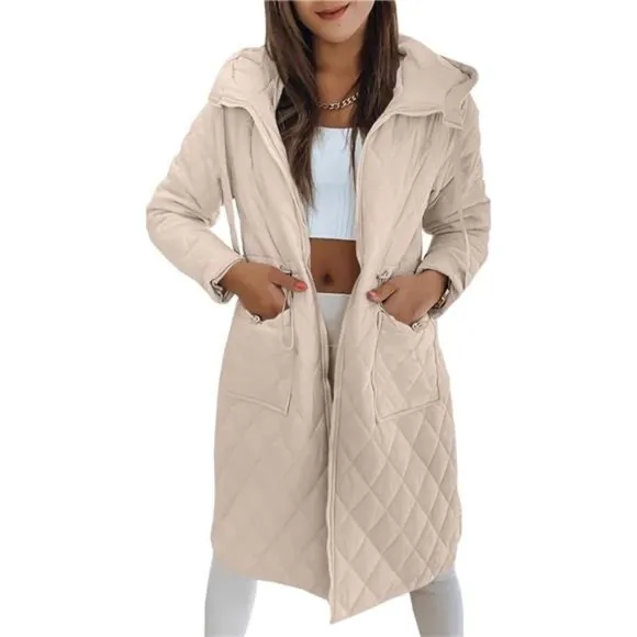 Womens Long Quilted Jackets Zip Up Hooded Drawstring Waist Coats with Pockets