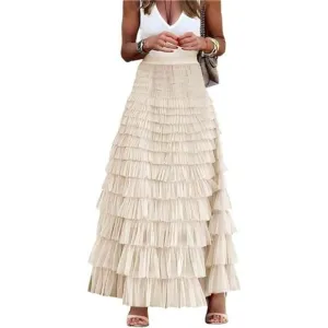 Womens Long Tulle Skirt A Line Ruffle Tiered Layered Skirts High Waisted Flowy