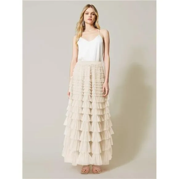 Womens Long Tulle Skirt A Line Ruffle Tiered Layered Skirts High Waisted Flowy
