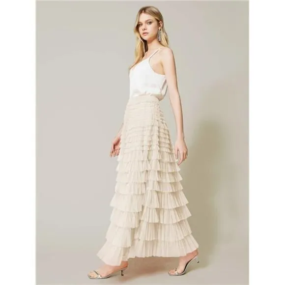 Womens Long Tulle Skirt A Line Ruffle Tiered Layered Skirts High Waisted Flowy
