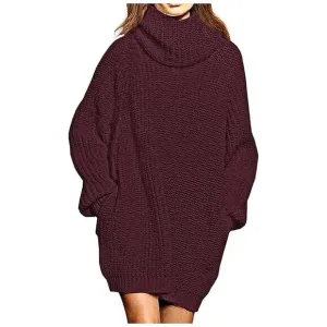 Women's Loose Turtleneck Oversize Long Pullover Sweater Dress Y - Dark Red