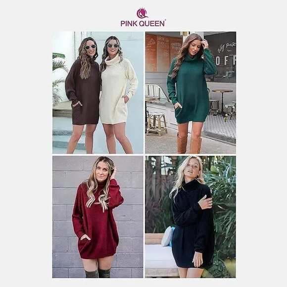 Women's Loose Turtleneck Oversize Long Pullover Sweater Dress Y - Dark Red