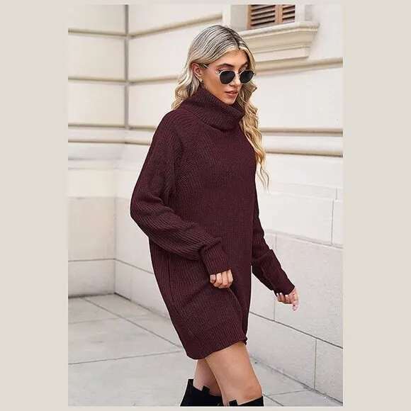 Women's Loose Turtleneck Oversize Long Pullover Sweater Dress Y - Dark Red