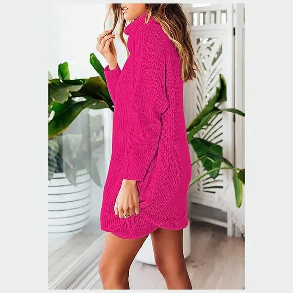 Women's Loose Turtleneck Oversize Long Pullover Sweater Dress Y - Hot Pink