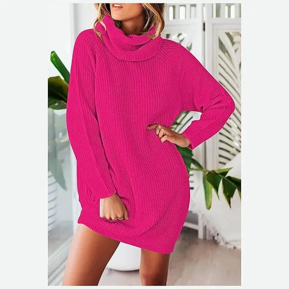 Women's Loose Turtleneck Oversize Long Pullover Sweater Dress Y - Hot Pink