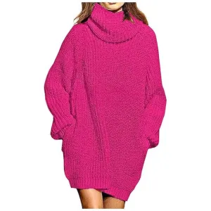 Women's Loose Turtleneck Oversize Long Pullover Sweater Dress Y - Hot Pink