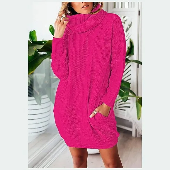 Women's Loose Turtleneck Oversize Long Pullover Sweater Dress Y - Hot Pink