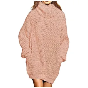 Women's Loose Turtleneck Oversize Long Pullover Sweater Dress Y - Pink