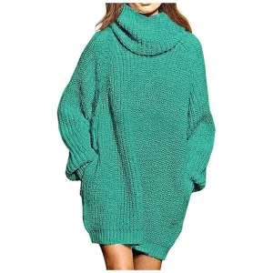 Women's Loose Turtleneck Oversize Long Pullover Sweater Dress Y - Turquoise