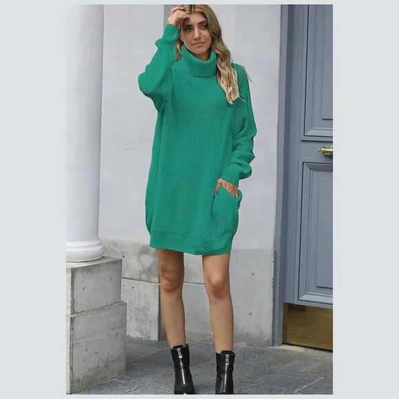 Women's Loose Turtleneck Oversize Long Pullover Sweater Dress Y - Turquoise