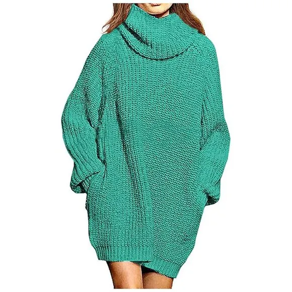 Women's Loose Turtleneck Oversize Long Pullover Sweater Dress Y - Turquoise